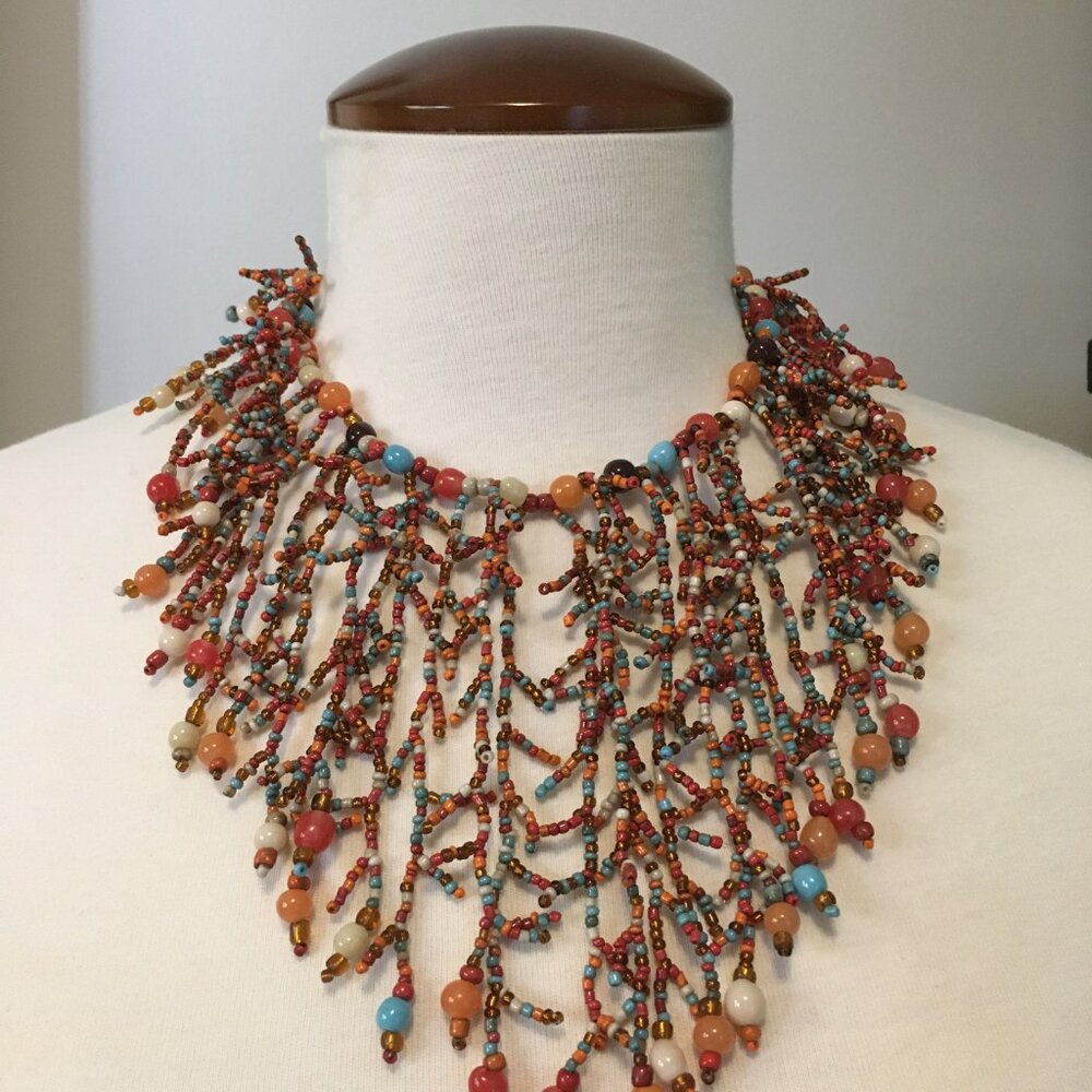 Vintage Italy Coral Reef Tree of Life Beadwork Necklace Italian Glass Statement